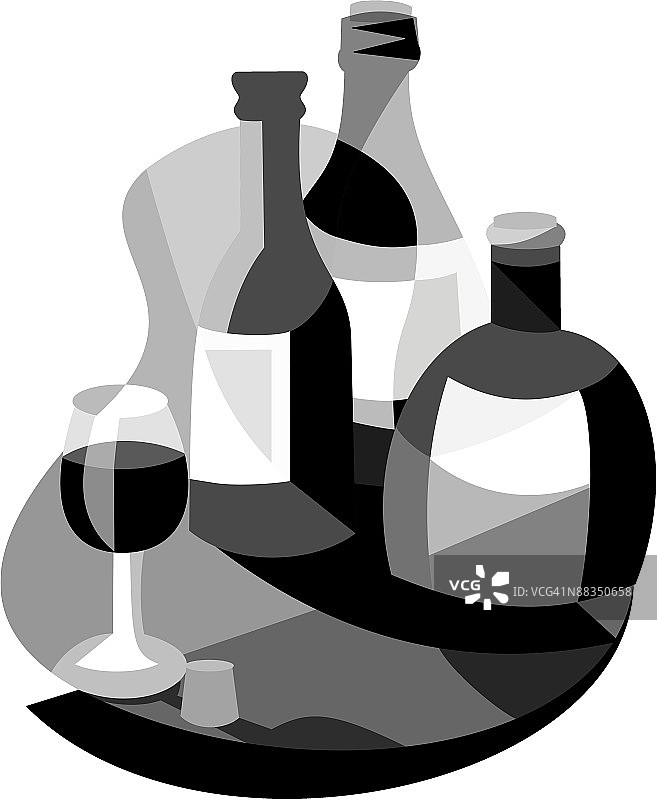 葡萄酒瓶和酒杯（灰度分组元素）图片素材