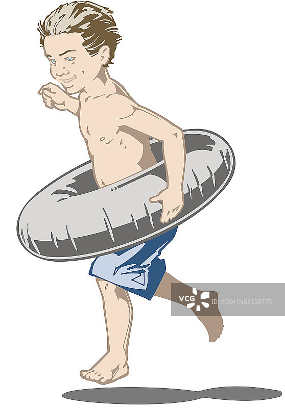 男孩拿着游泳圈奔跑图片素材
