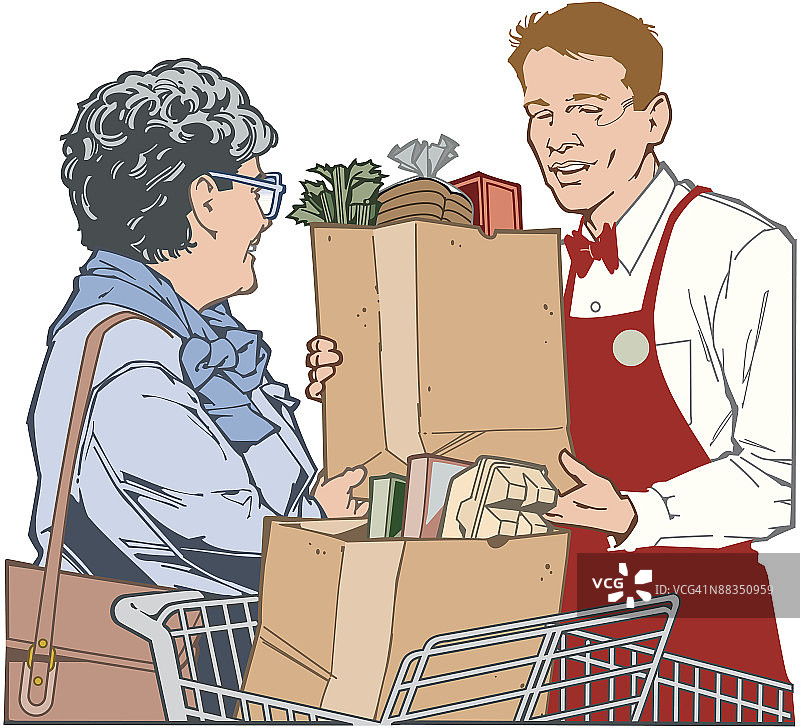 放学后的兼职：手提袋男孩与年长的女人（彩色插画，分层）图片素材