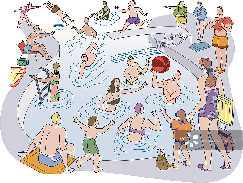 拥挤的游泳池分层色彩插画图片素材