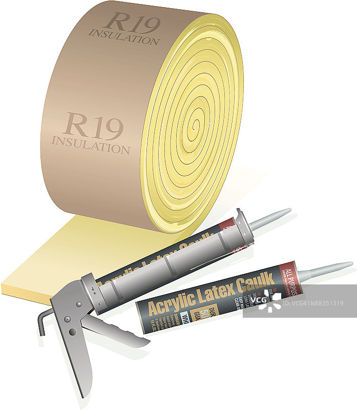 保温材料卷和填缝枪，R19保温材料，丙烯酸乳胶填缝剂图片素材