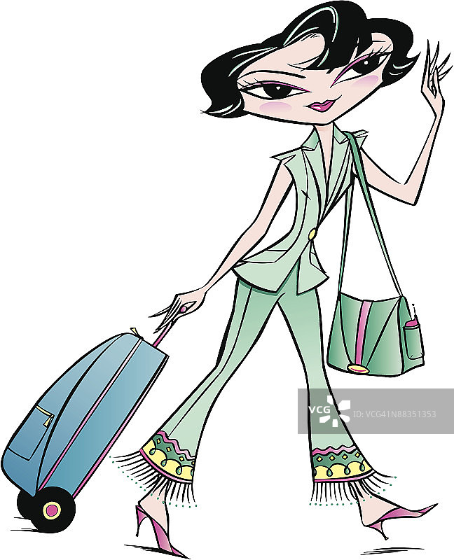 女人拉着彩色行李箱图片素材