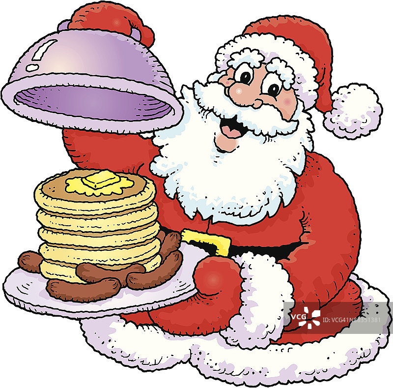 圣诞老人端着一盘煎饼和香肠图片素材