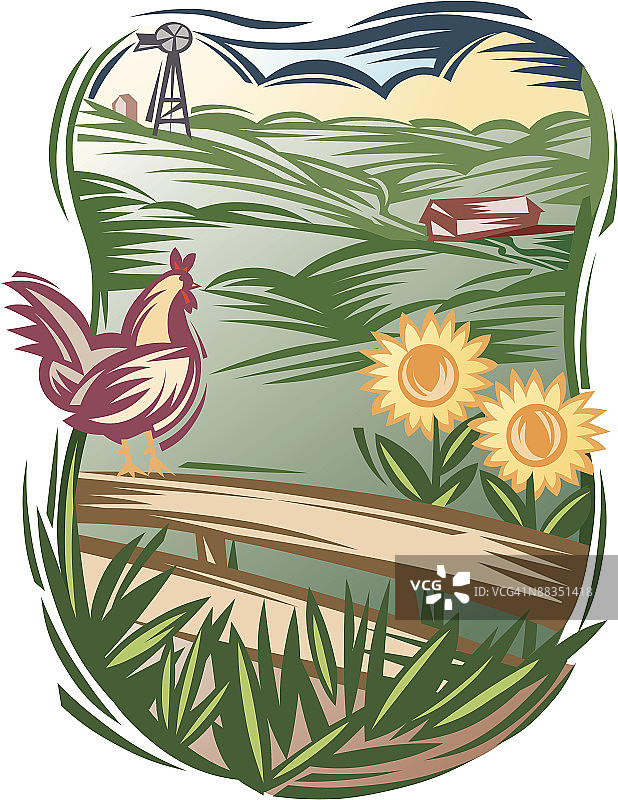 公鸡啼叫，彩色插画，Ver. 5，分组元素图片素材