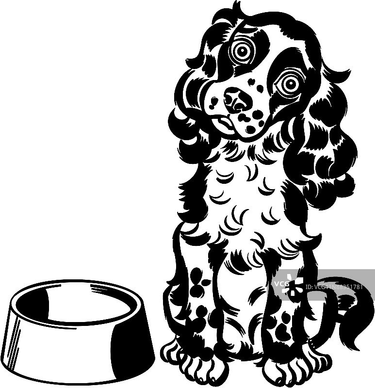 空碗旁的饥饿小狗图片素材