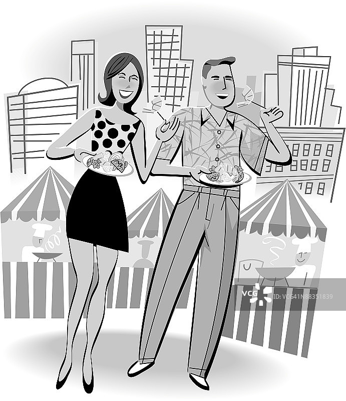 一对年轻成年夫妇在城市餐厅品尝各种食物的全身照图片素材