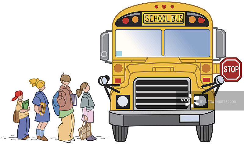 儿童乘坐校车，彩色插画图片素材