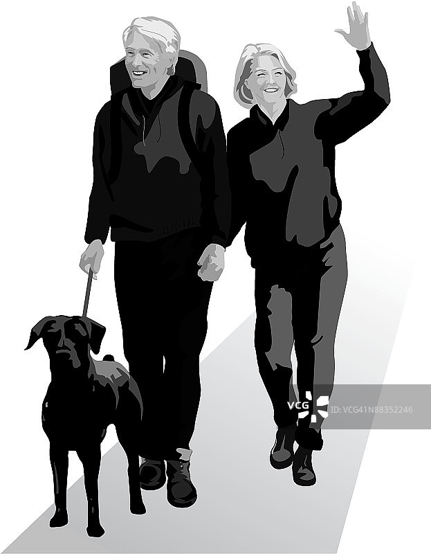 老年夫妇遛狗，灰度，分组元素图片素材