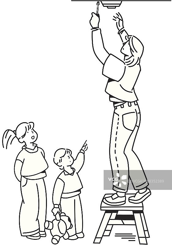 女人安装烟雾探测器“自己动手”这是什么在燃烧图片素材