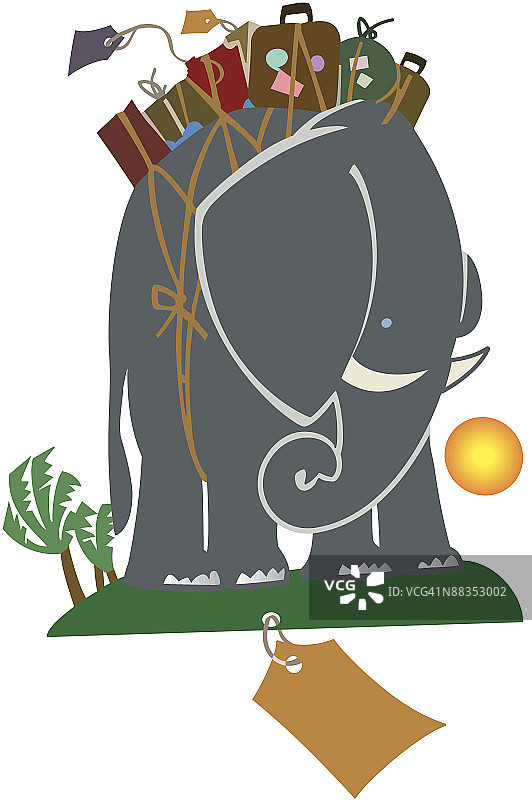 携带行李的大象，彩色分层设计，黑白稿也可用，别忘了所有度假细节，记住打包所有必需品图片素材