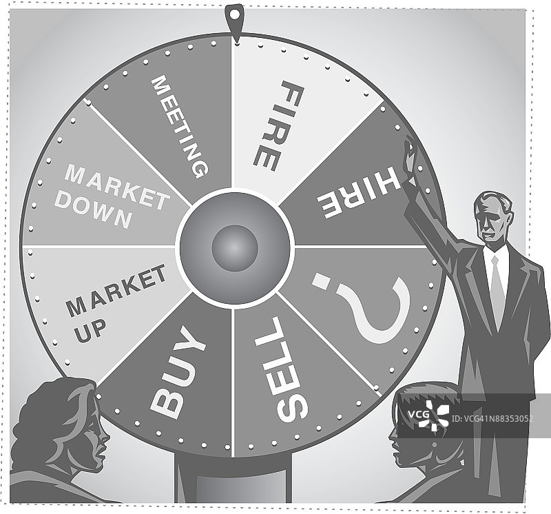 商人旋转幸运轮：会议、招聘、销售、购买、市场涨跌，灰度分组元素图片素材