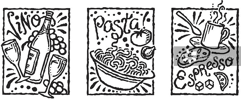 浓缩咖啡、葡萄酒和意大利面菜单图片素材