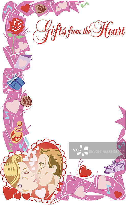 “来自内心的礼物”标题边框，情侣、心形和礼物，Illustrator Ver. 5分组元素图片素材