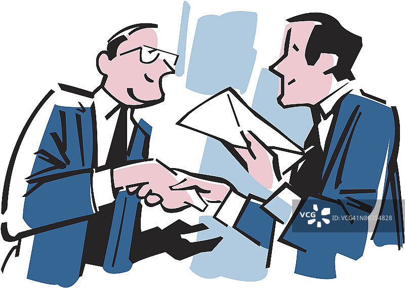 握手的商人，一人拿着彩色信封图片素材