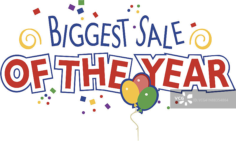 标题：年度最大促销，气球和彩带，彩色图片素材
