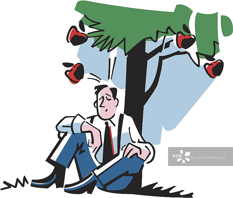 男人坐在苹果树下，被苹果砸到头图片素材