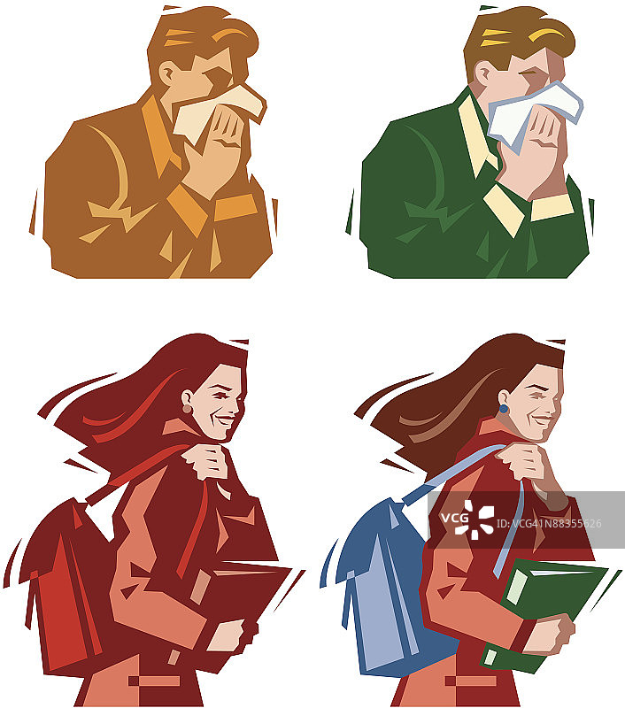 男子打喷嚏，女子背着背包图片素材