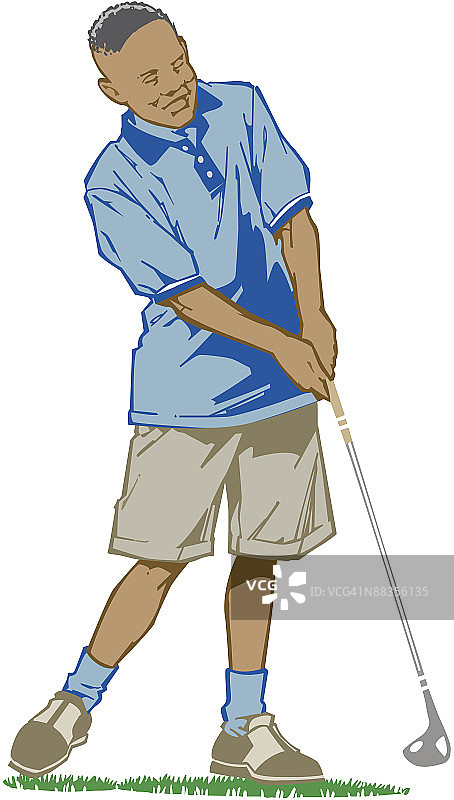 男孩挥杆打高尔夫球，彩色插画图片素材