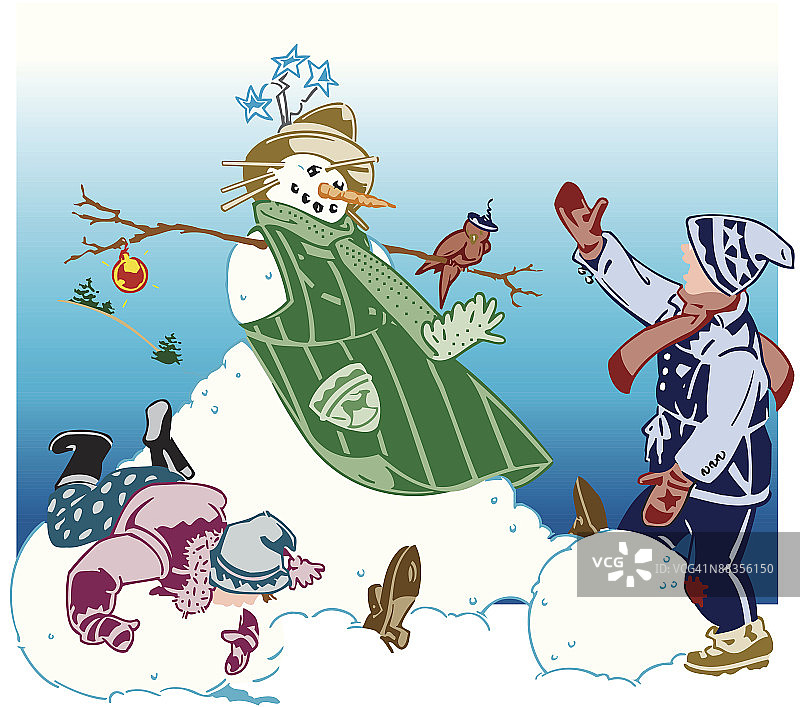 孩子们堆雪人，彩色“冬季乐趣”，我们做到了。另有黑白版本，001_0998图片素材