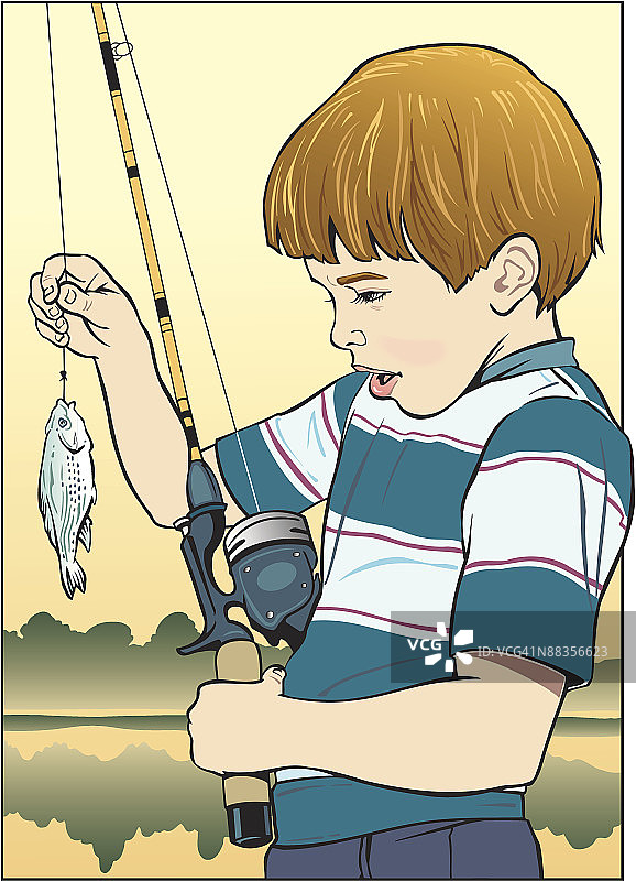 男孩钓到第一条鱼，享受钓鱼的乐趣图片素材