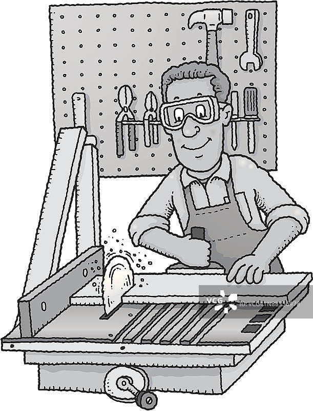 男子在工作台上锯木材，灰度图片素材