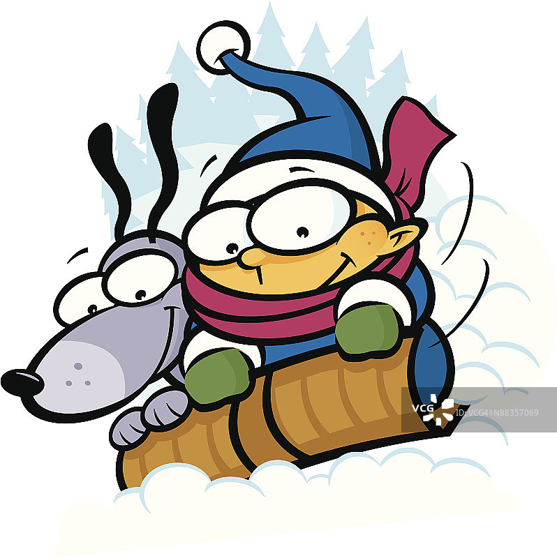 男孩和小狗玩雪橇图片素材