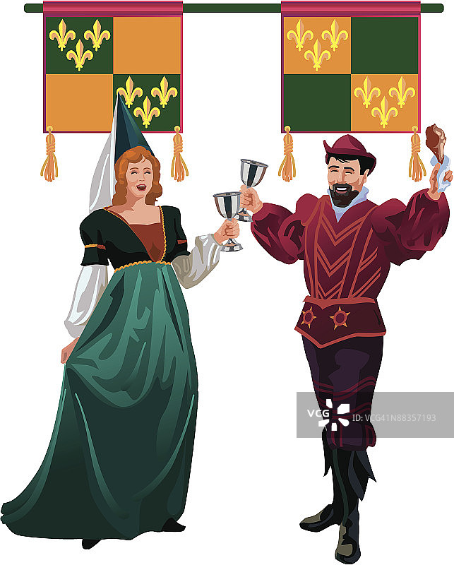 中世纪集市情侣（彩色元素组合）图片素材