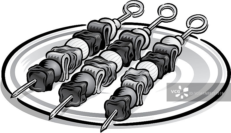 盘中的烤肉串（灰度图）图片素材