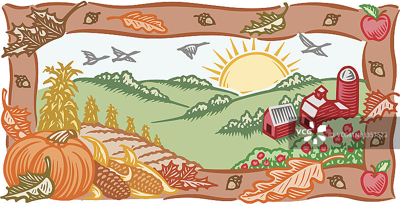 农场场景插画：色彩丰富的新一天图片素材