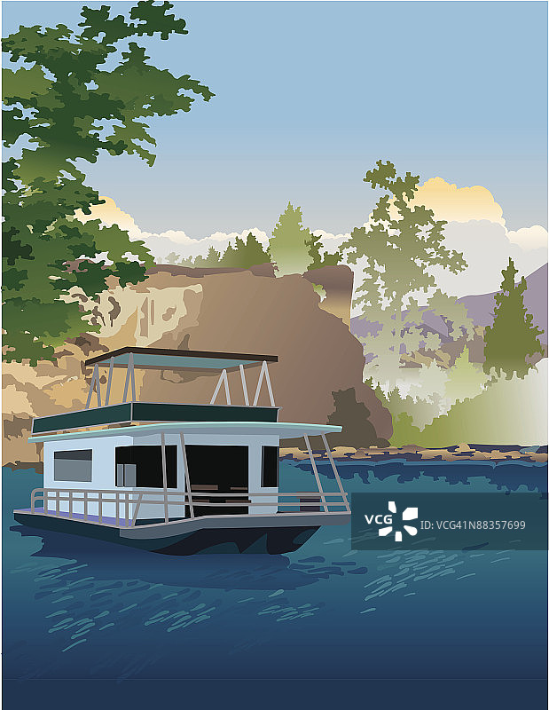 悬崖边的船屋，彩色，分组元素图片素材