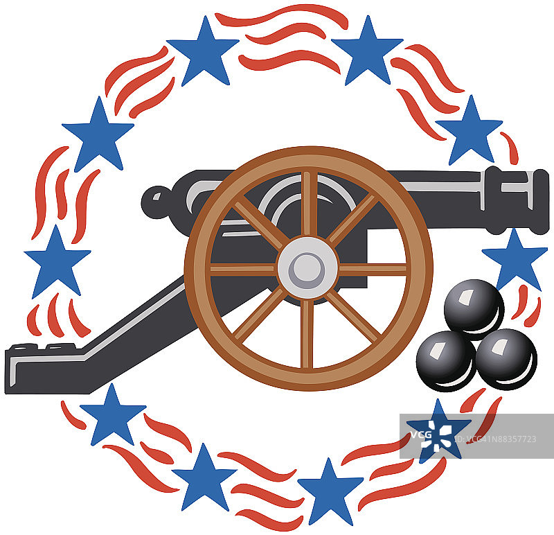 美国独立战争时期的加农炮，彩色插画，版本3，为了国家而战图片素材