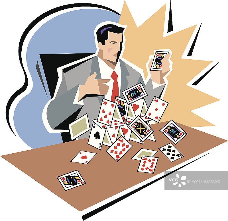 商人办公桌上摇摇欲坠的纸牌屋，彩色，分组元素图片素材