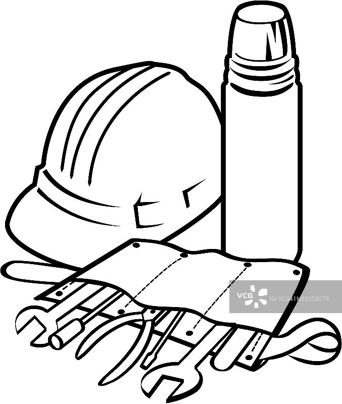 保温瓶、安全帽和工具腰带图片素材