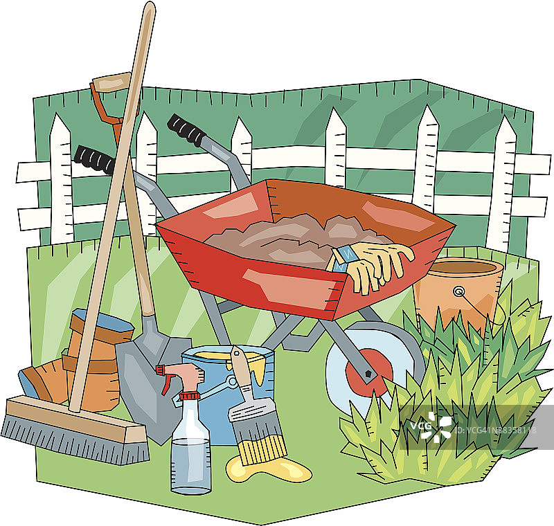 清洁和园艺用品彩色插画：美化你的院子户外杂务图片素材