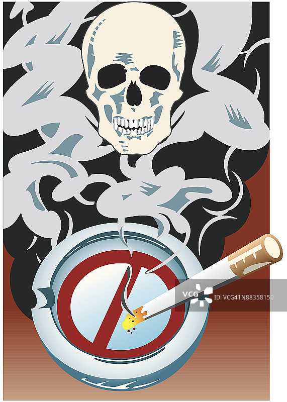 香烟、烟灰缸和骷髅分层颜色，也提供黑白版本图片素材