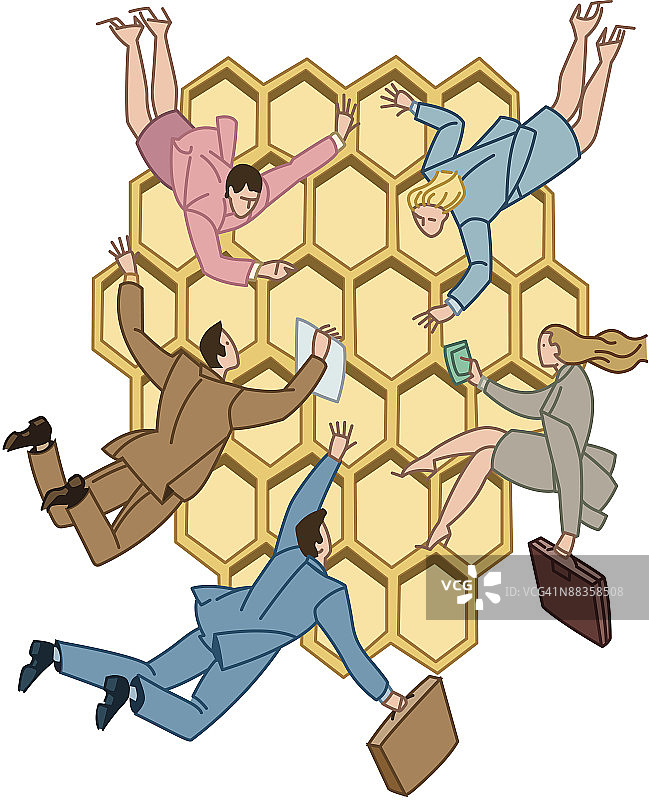 像工蜂一样围绕蜂巢的商务人士（彩色插画，Ver. 3，分层）图片素材