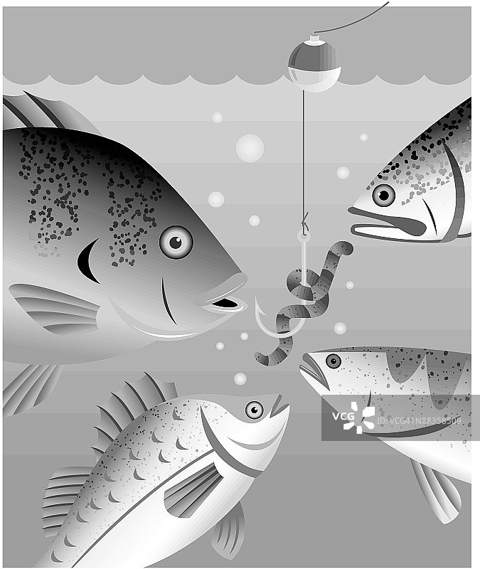 鱼看着带饵的鱼钩，灰度图片素材