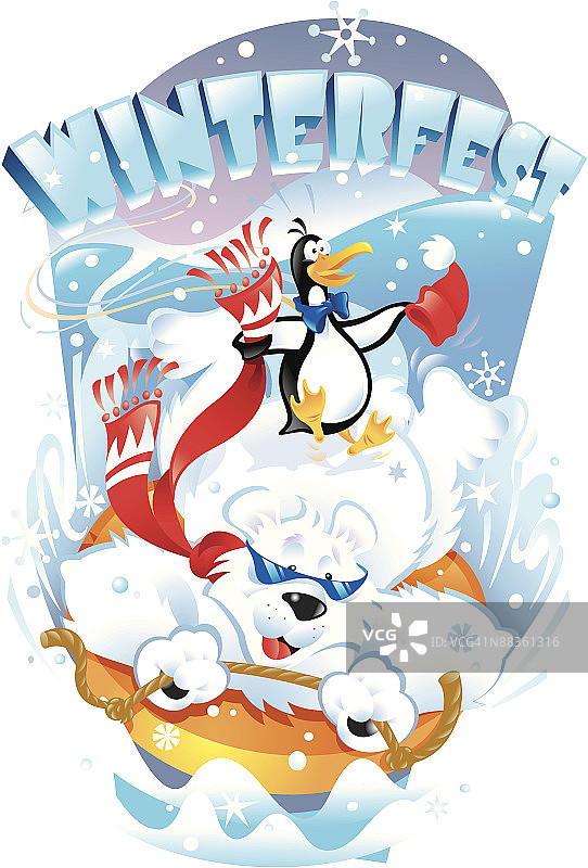 北极熊拉着雪橇，背上有一只企鹅，上方写着Winterfest图片素材