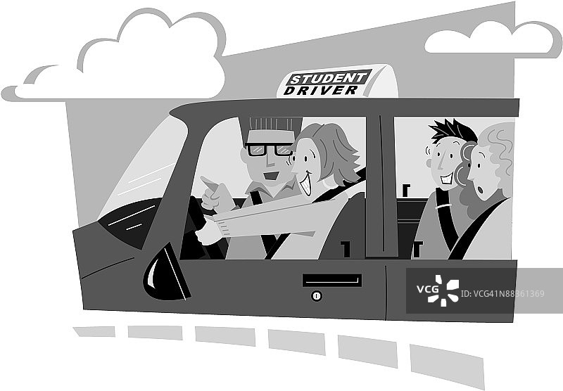 驾校中，三名学生和一名老师在车里图片素材