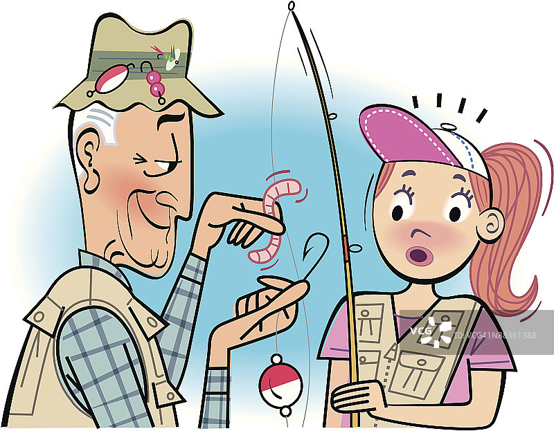 白人爷爷为孙女鱼钩上饵的特写图片素材