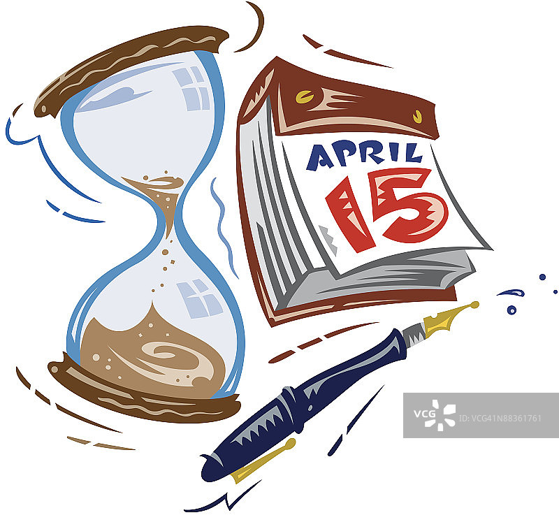 钢笔、沙漏、日历，四月15日 彩色图片素材