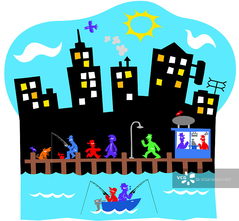 城市水岸活动分层彩色图片素材