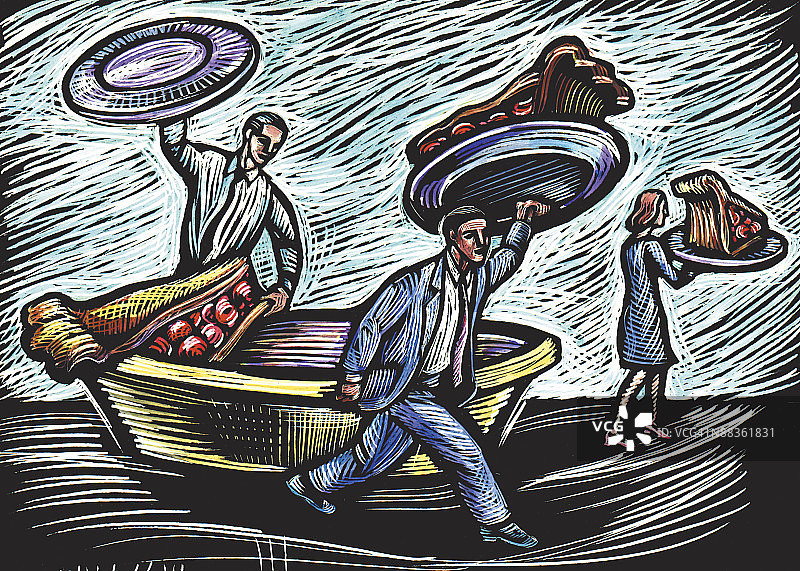 商人们拿巨型馅饼（彩色）图片素材