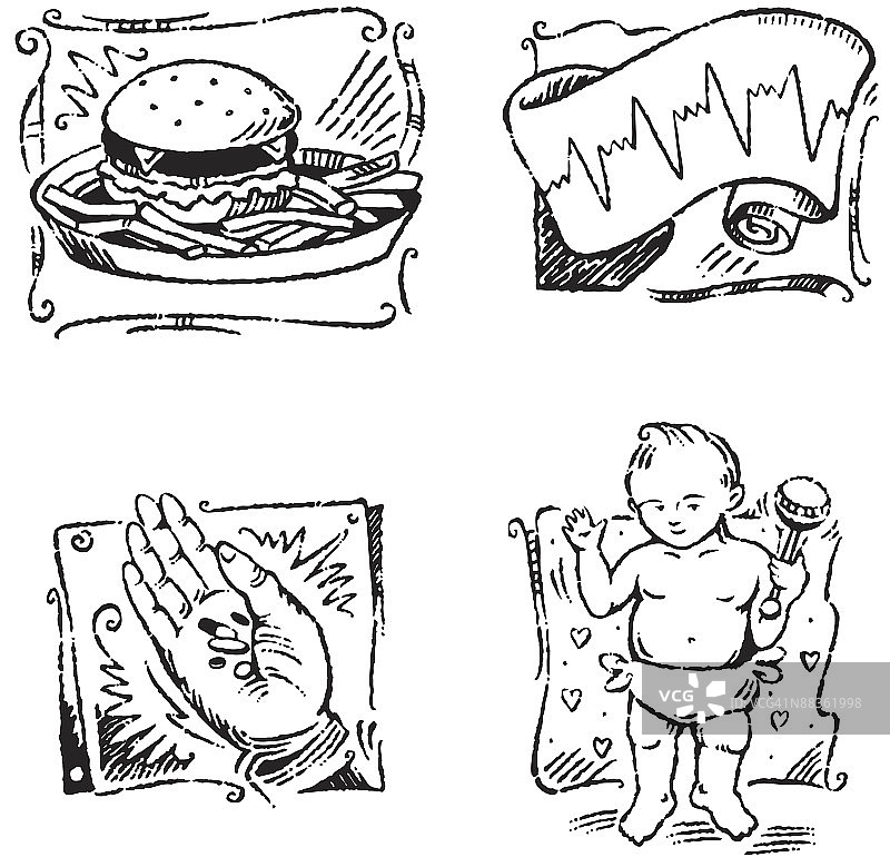 快餐，坐标纸，一把药丸，带拨浪鼓的婴儿分层素材图片素材