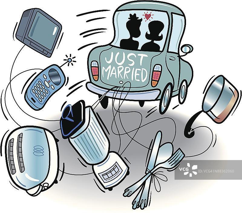 一对已婚夫妇开着绑着各种家用电器的汽车离开图片素材