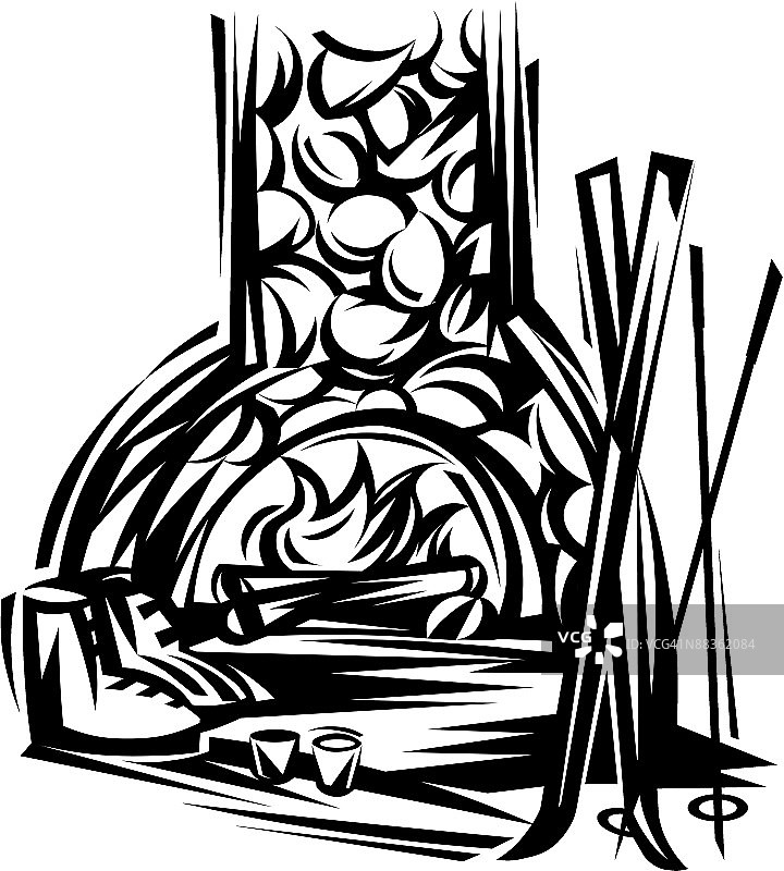 壁炉旁的滑雪设备“度假计划”周末旅行图片素材