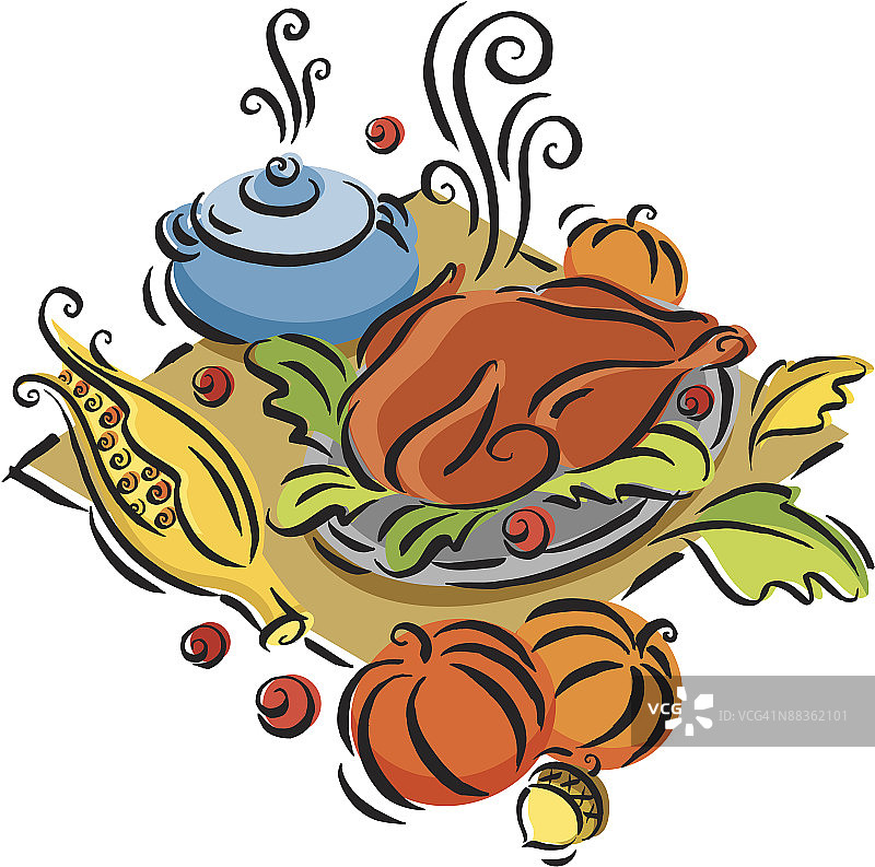 感恩节食物元素：火鸡和美味佳肴图片素材