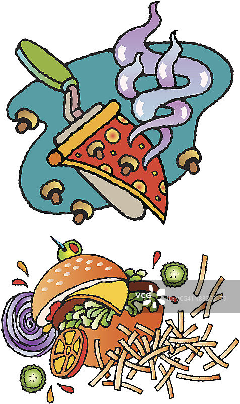 汉堡包和炸薯条/披萨片组合元素彩色Illustrator Ver. 5“增肥零食”“美味的东西图片素材