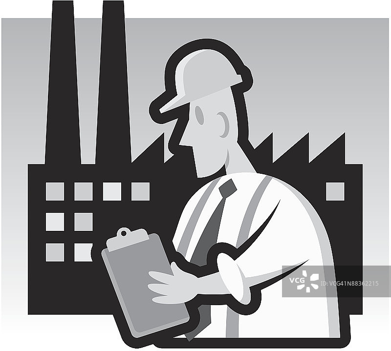 工厂工人持文件板，图层化灰度图图片素材