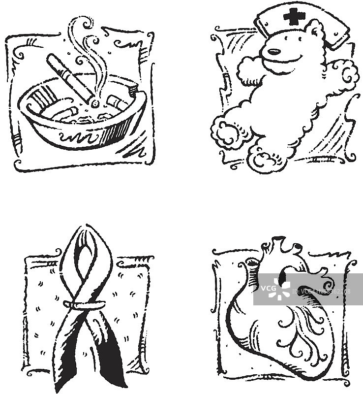 烟灰缸里的香烟、警示标志、泰迪熊、人心 多图层图片素材